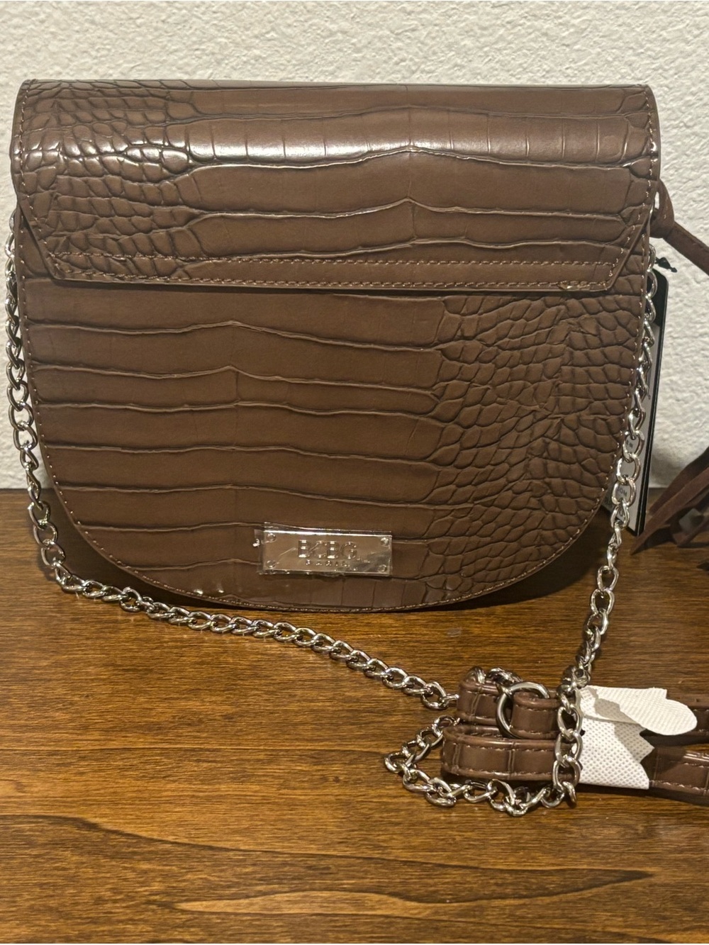 BCBG Brown Croc-Embossed Crossbody with Tassel and Chain - Picture 5 of 8